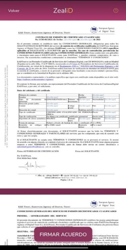 EADTrust pantalla de firma del contrato en ZealiD